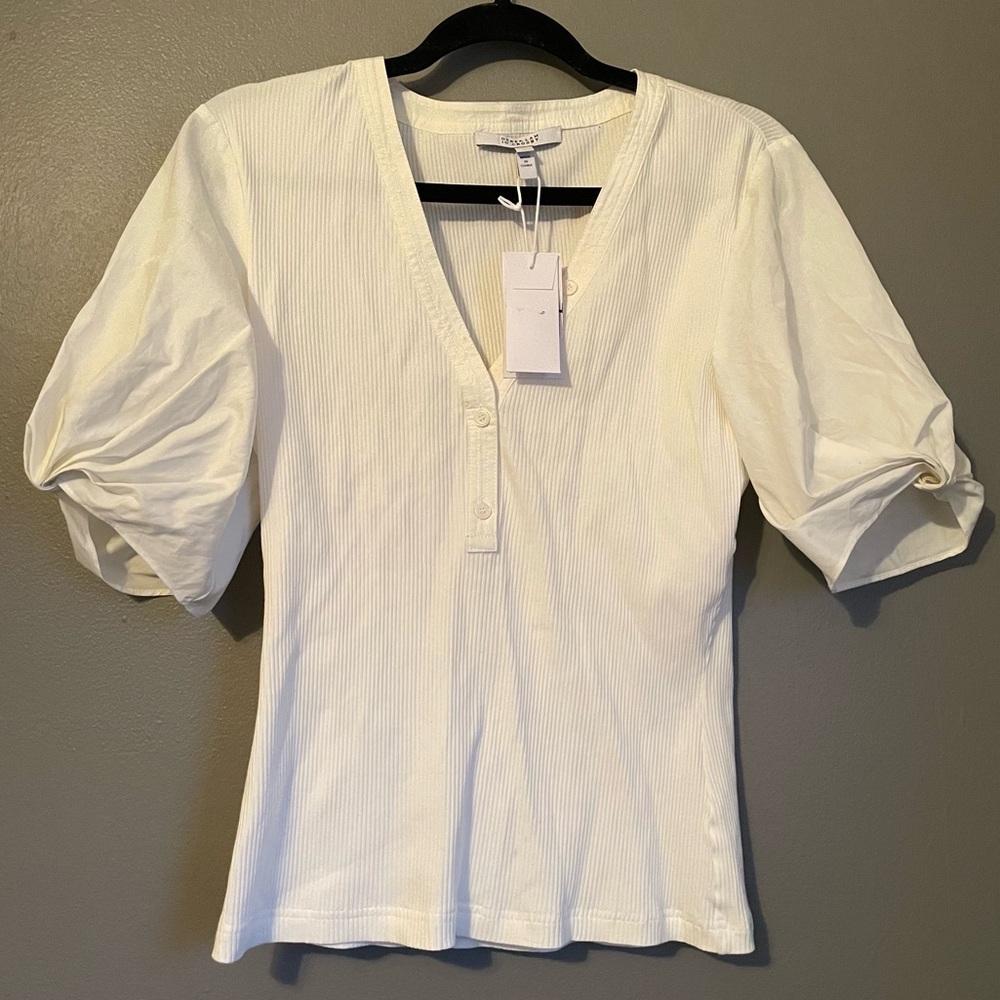 NWT 10 Crosby Derek Lam Sz Large Soft White Ribbed Puff Sleeve Blouse Top $250!
